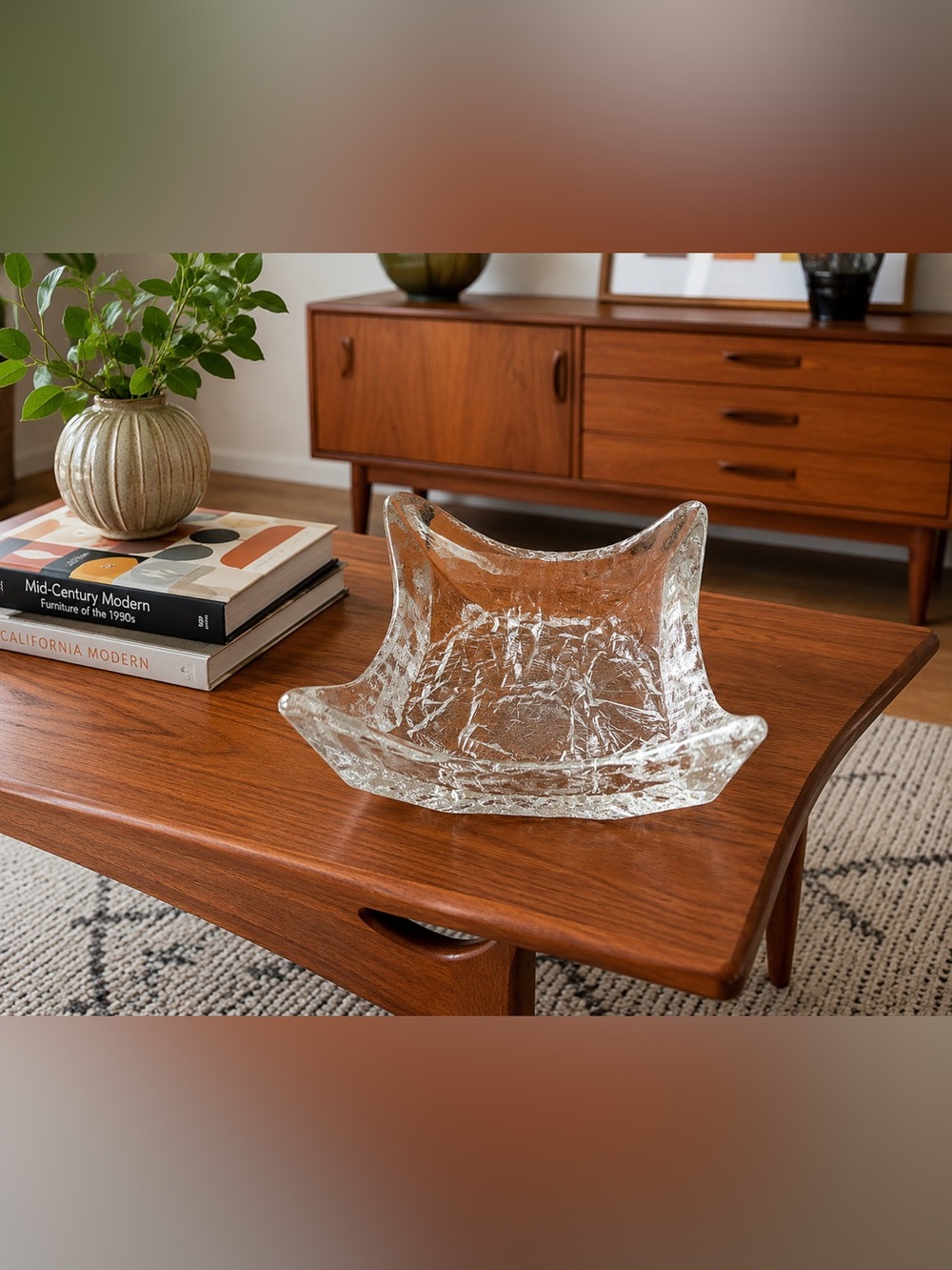Vintage Iittala Square Glass Bowl With Ice Textured Base.